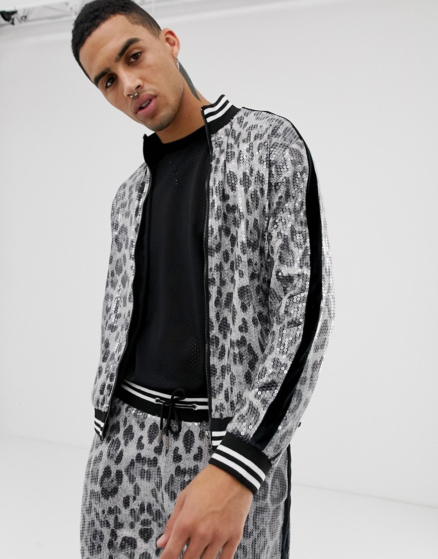 Jaded London sequin leopard print bomber jacket