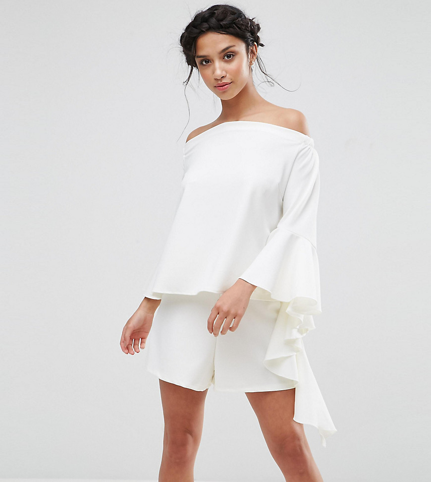 John Zack Petite Off Shoulder Top With Elongated Frill Sleeve Detail - Cream