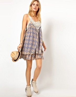 Pepe Jeans | Pepe Jeans Printed Dress With Crochet Top at ASOS