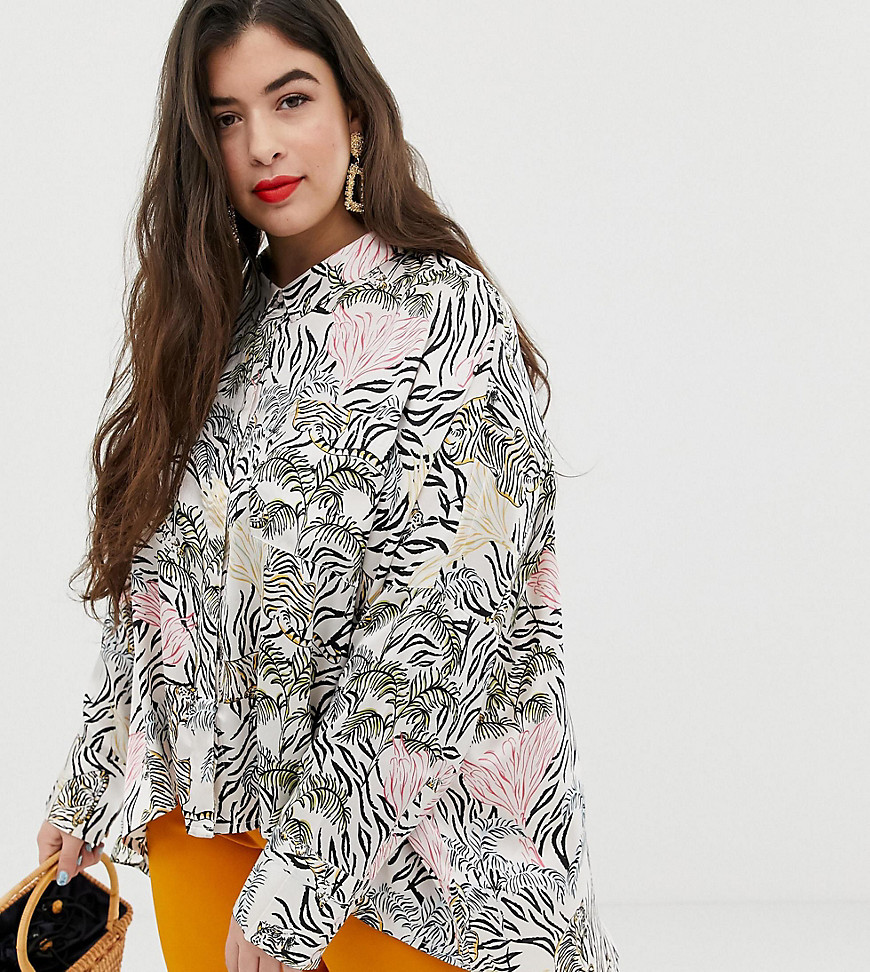 Neon Rose Plus swing blouse in jungle print satin co-ord
