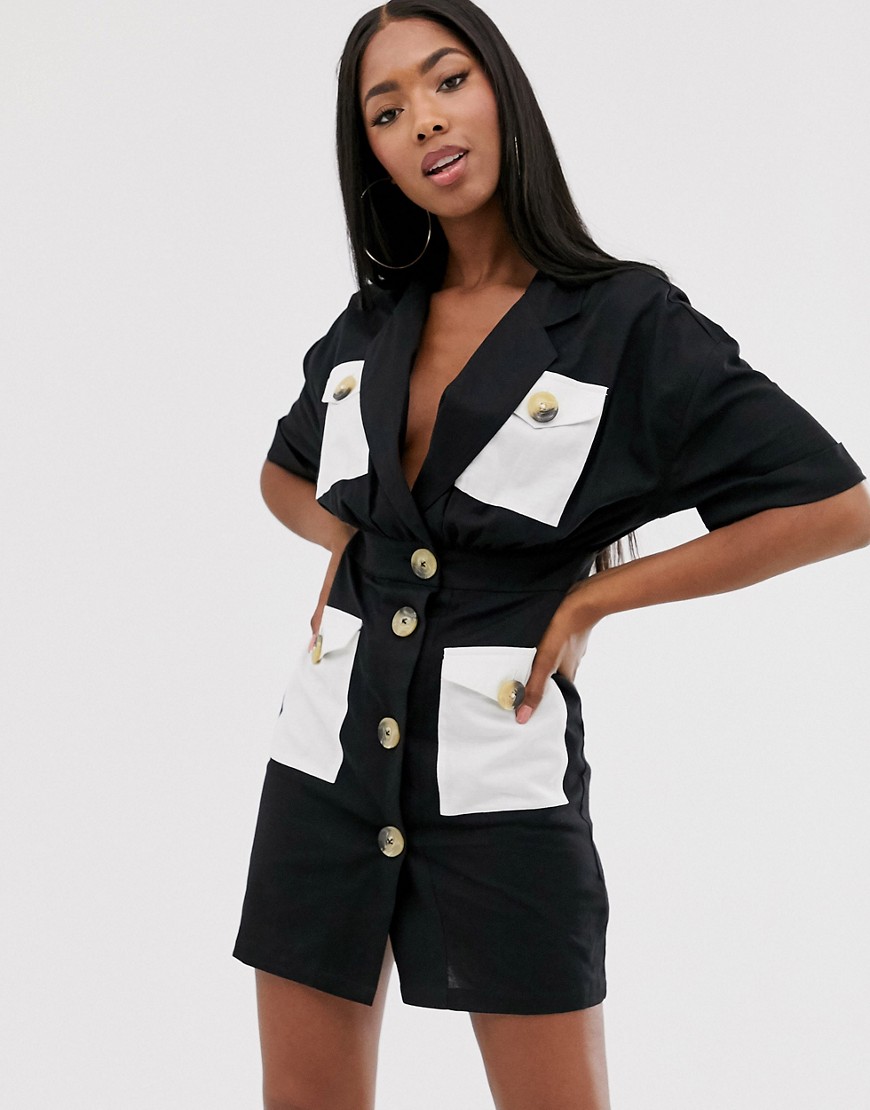 Asos Design Mini Shirt Dress With Contrast Pockets-black