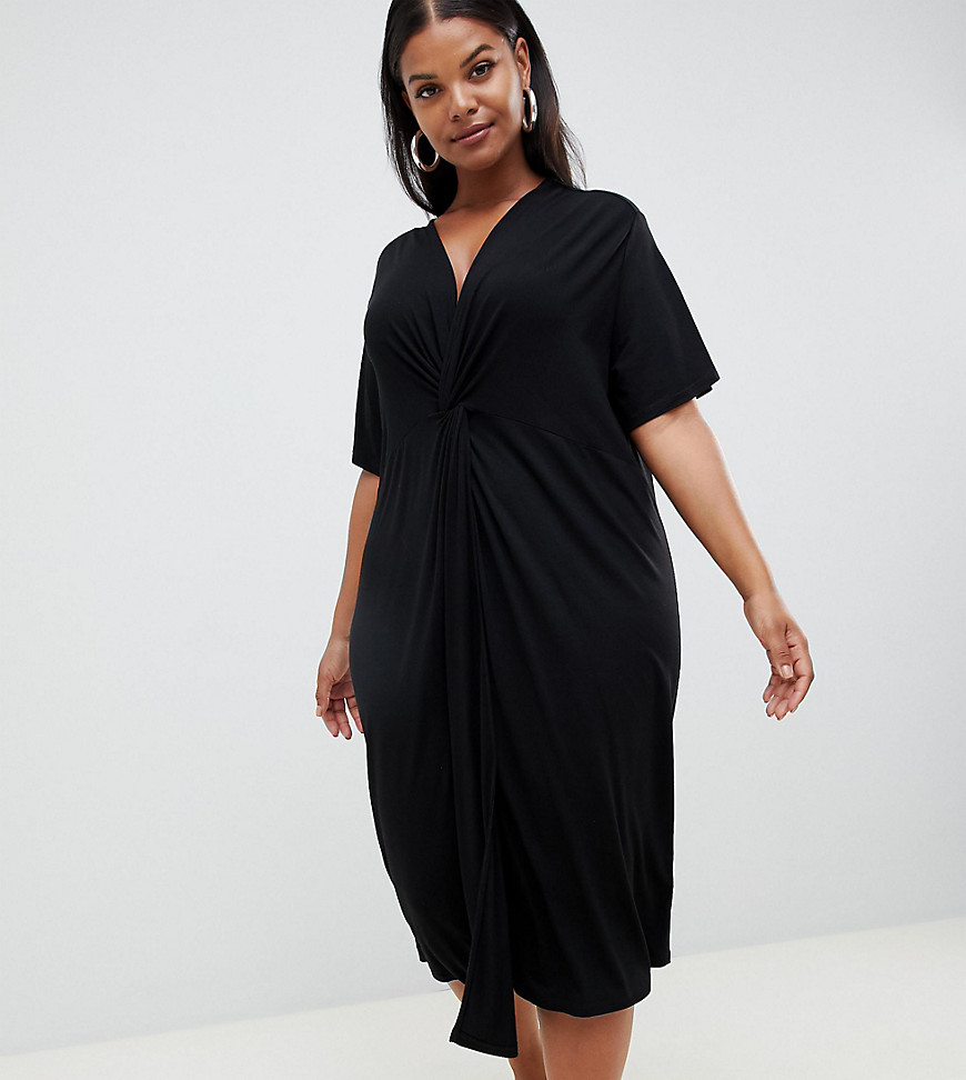 ASOS DESIGN Curve relaxed midi dress with knot front - Black