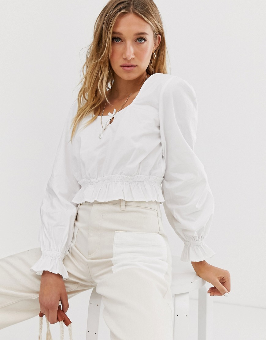 Na-kd cropped frill sleeves blouse in white