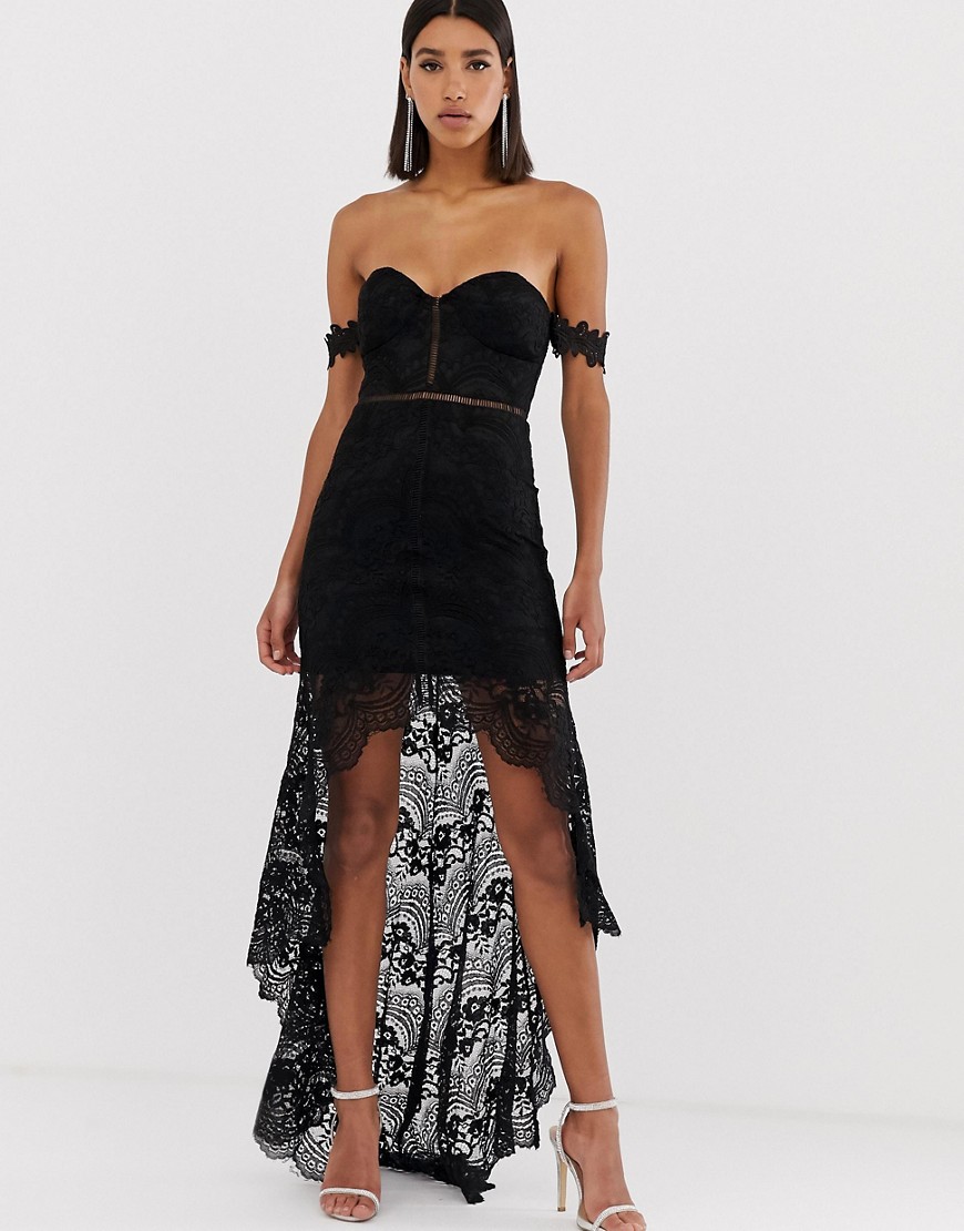Love Triangle sweetheart lace maxi dress with dip hem in black