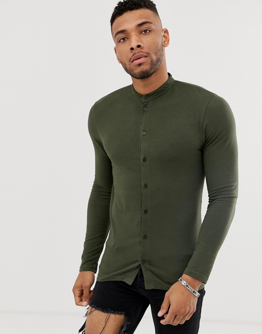 boohooMAN muscle fit jersey shirt with grandad collar in khaki