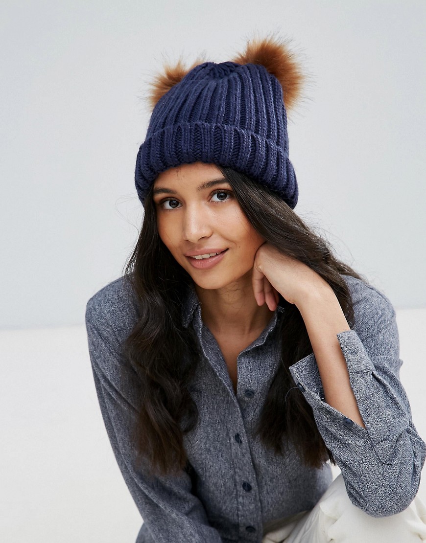 Boardmans Knitted Beanie Hat With Double Pom Pom - Navy