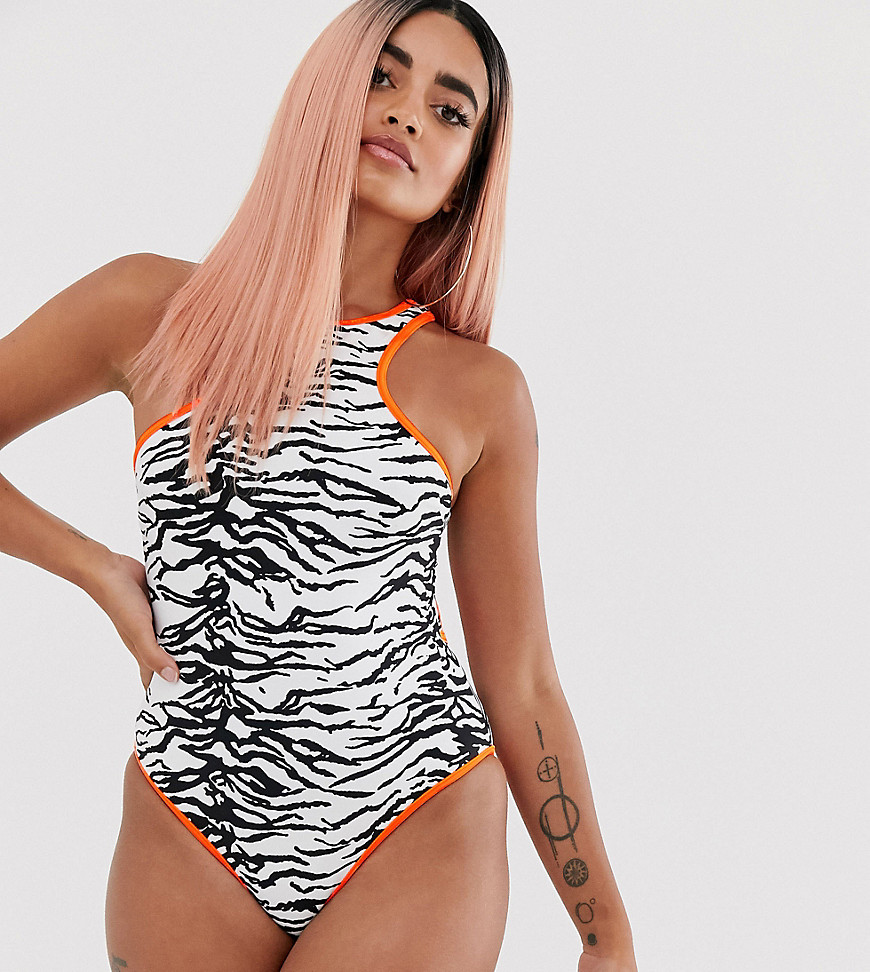 ASOS DESIGN recycled petite high neck swimsuit in mono zebra print with neon contrast