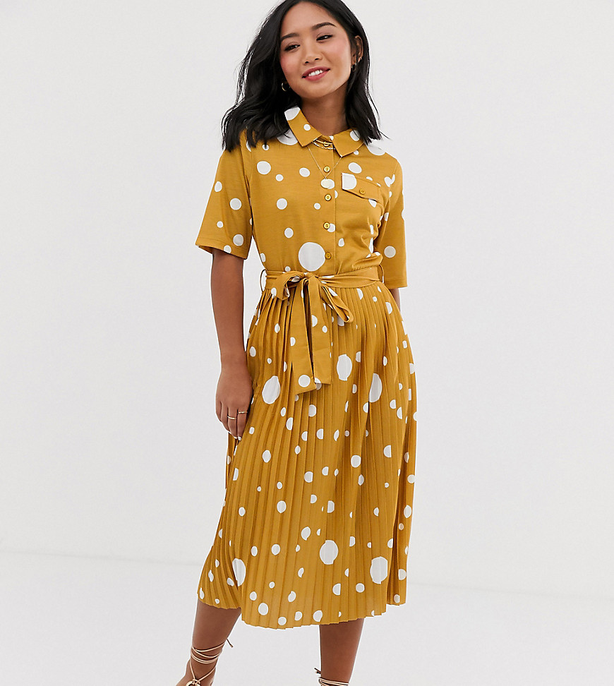 ASOS DESIGN Petite midi shirt dress with pleated skirt and belt in spot print