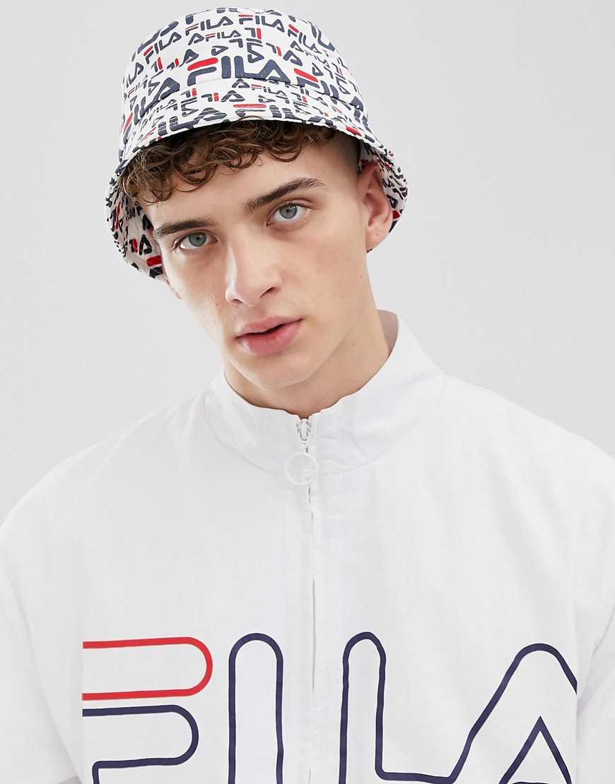 Fila Taylor bucket hat with all over logo print in white