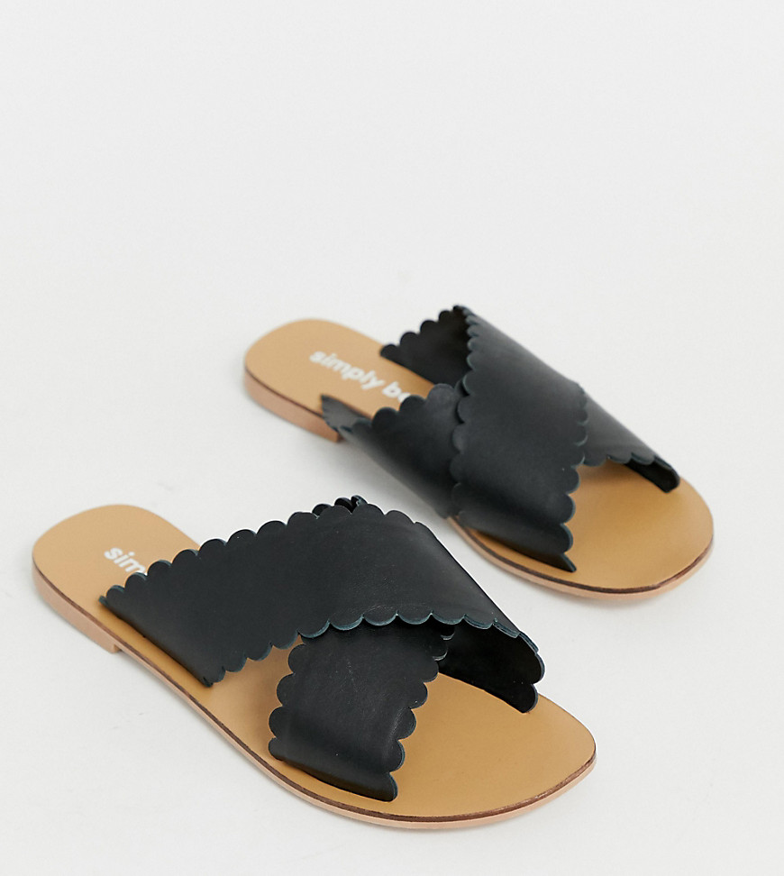 Simply Be wide fit leather sliders with scallop trim in black