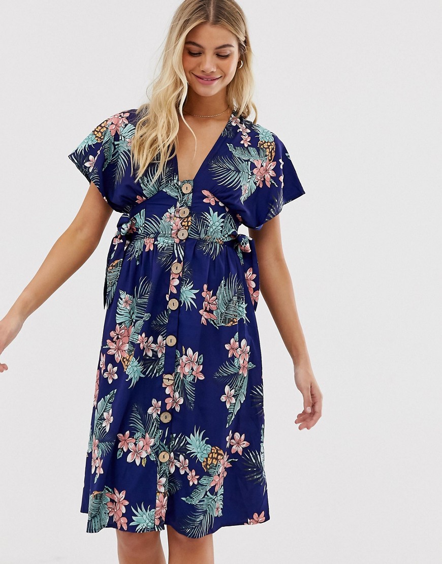 Influence button through midi dress in tropical floral print