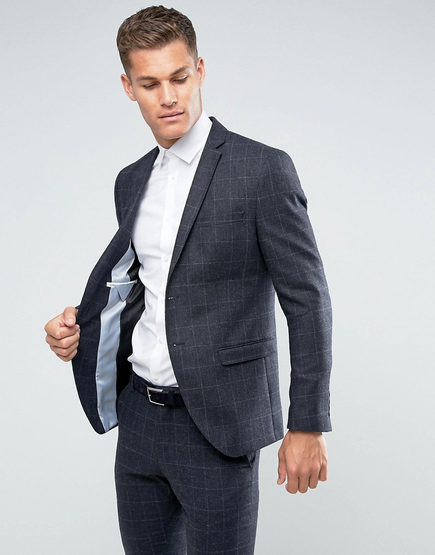 Selected Homme Slim Suit Jacket in Wool Mix with Grid Check - Dark blue