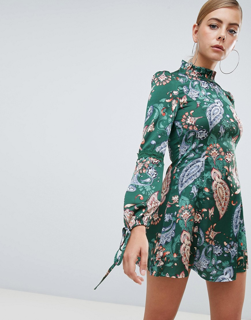 Missguided high neck satin skater dress in green paisley