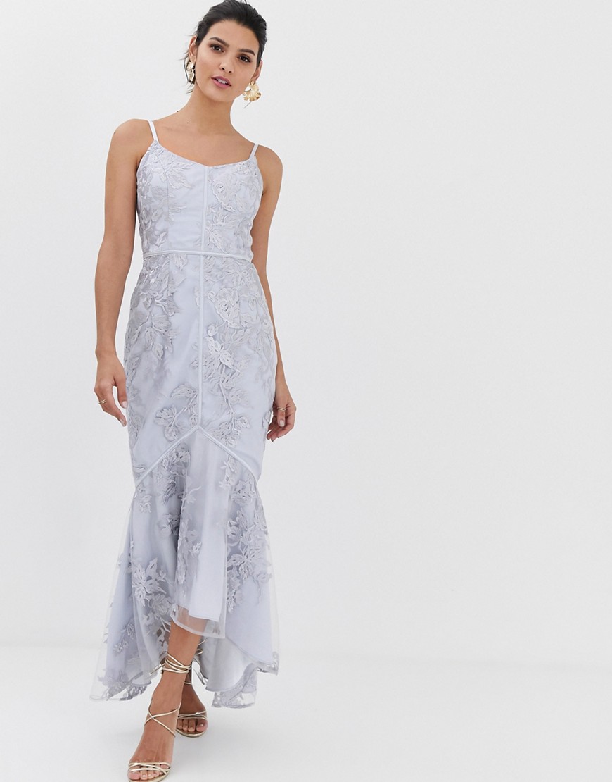 Bariano Embroidered Lace Fluted Hem Midaxi Dress In Gray