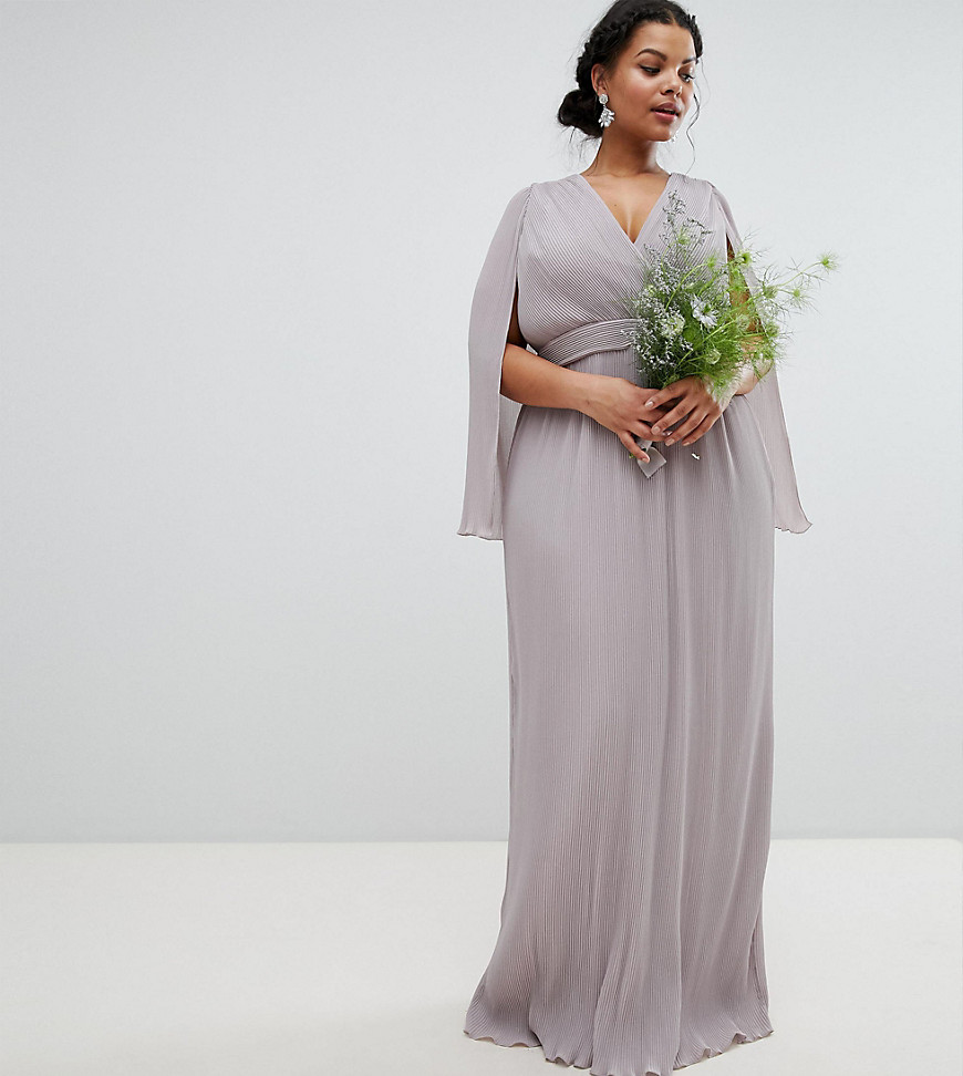 TFNC Plus Pleated Wrap Front Maxi Bridesmaid Dress with Cape Detail - Grey