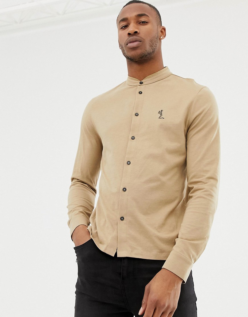 Religion skinny fit jersey shirt with grandad collar in camel