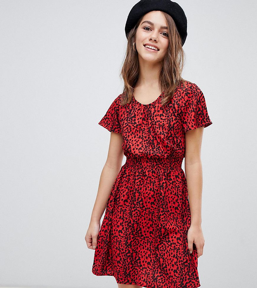 New Look Petite animal print shirred waist dress in red pattern