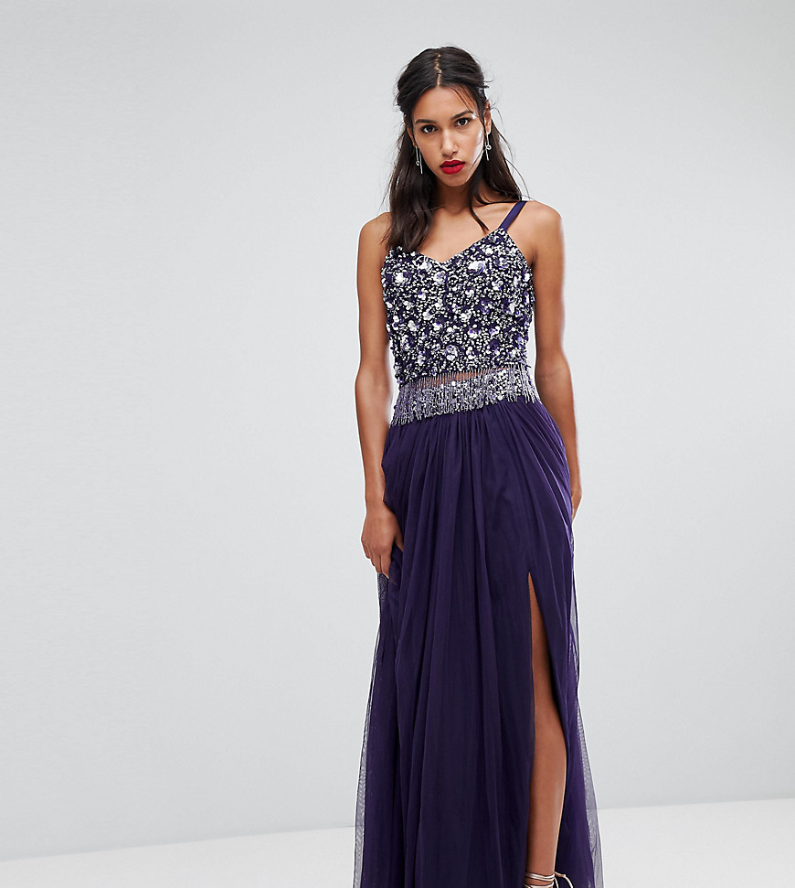 Lace & Beads Embellished Tulle Maxi Skirt - Deep purple
