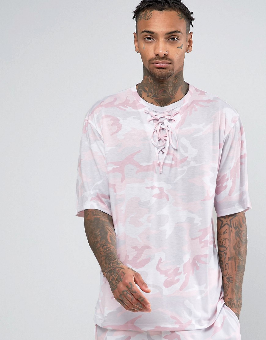 Granted Camo T-Shirt With Lace Neckline - Pink