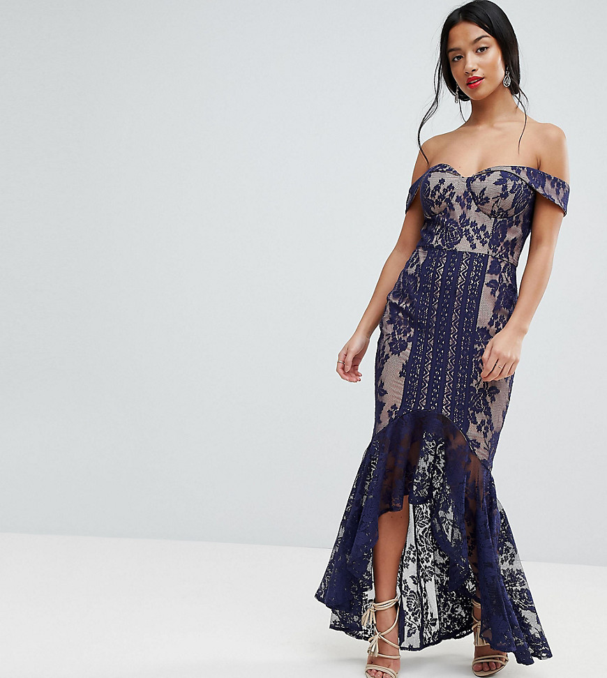 Jarlo Petite All Over Lace Off Shoulder Fishtail Midi Dress - Navy