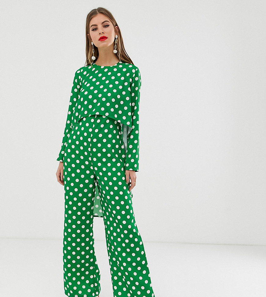 Verona long sleeved layered jumpsuit in green polka dot