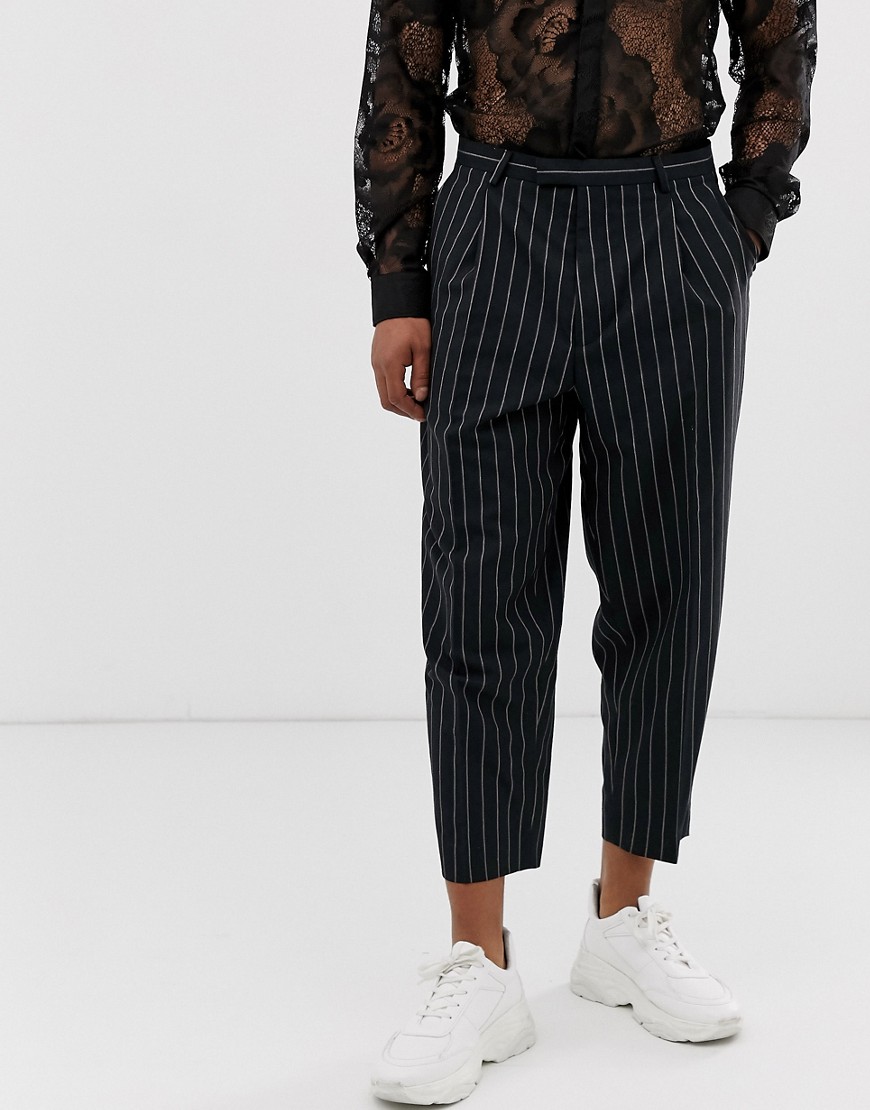 Twisted Tailor wide leg trousers with double pleat with neon stripe in navy