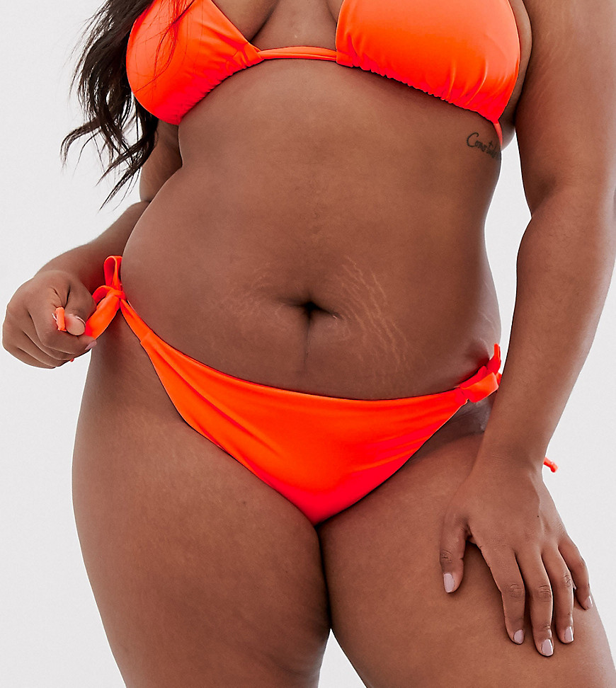 ASOS DESIGN Curve sleek tie side bikini bottom in neon orange