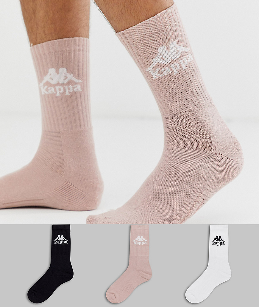 Kappa Authentic Welt crew socks 3 pack in black/white/pink