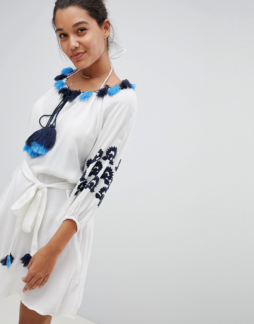 America & Beyond Beach Tunic Dress With Blue Embroidery - White