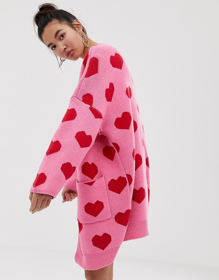 Lazy Oaf extreme oversized cardigan with hearts - Pink/red
