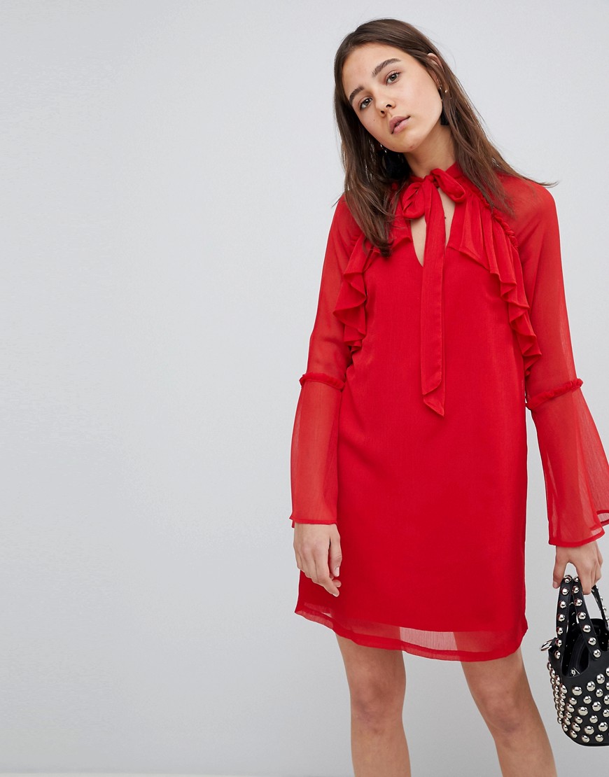 Neon Rose Pussy Bow Ruffle Smock Dress - Red
