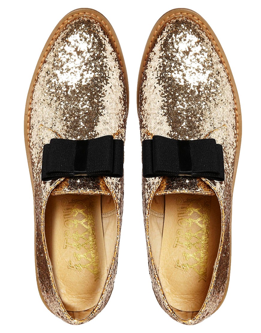 F-Troupe | F-Troupe Gold Glitter Leather Flat Shoes at ASOS