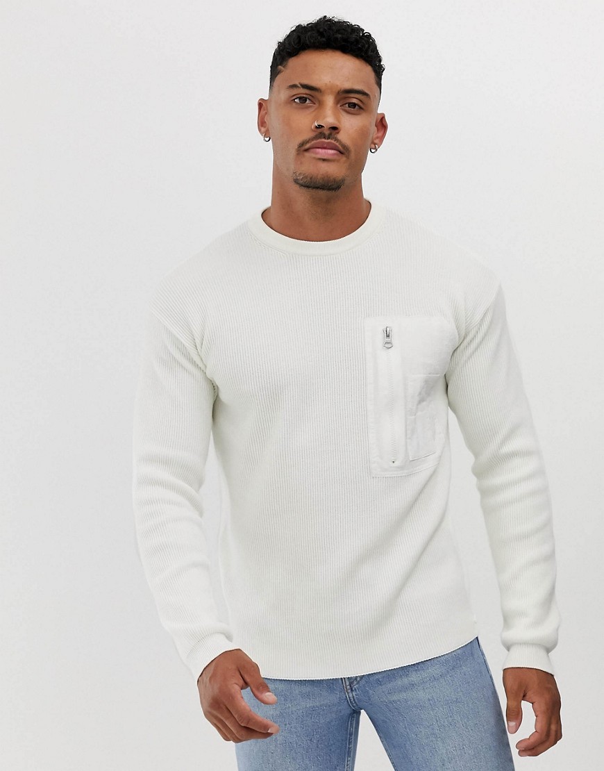 BOSS Kamistro crew neck ribbed knitted jumper in cream