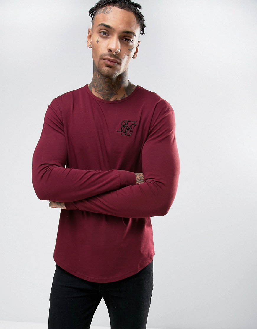 SikSilk Long Sleeve Muscle T-Shirt In Burgundy - Burgundy