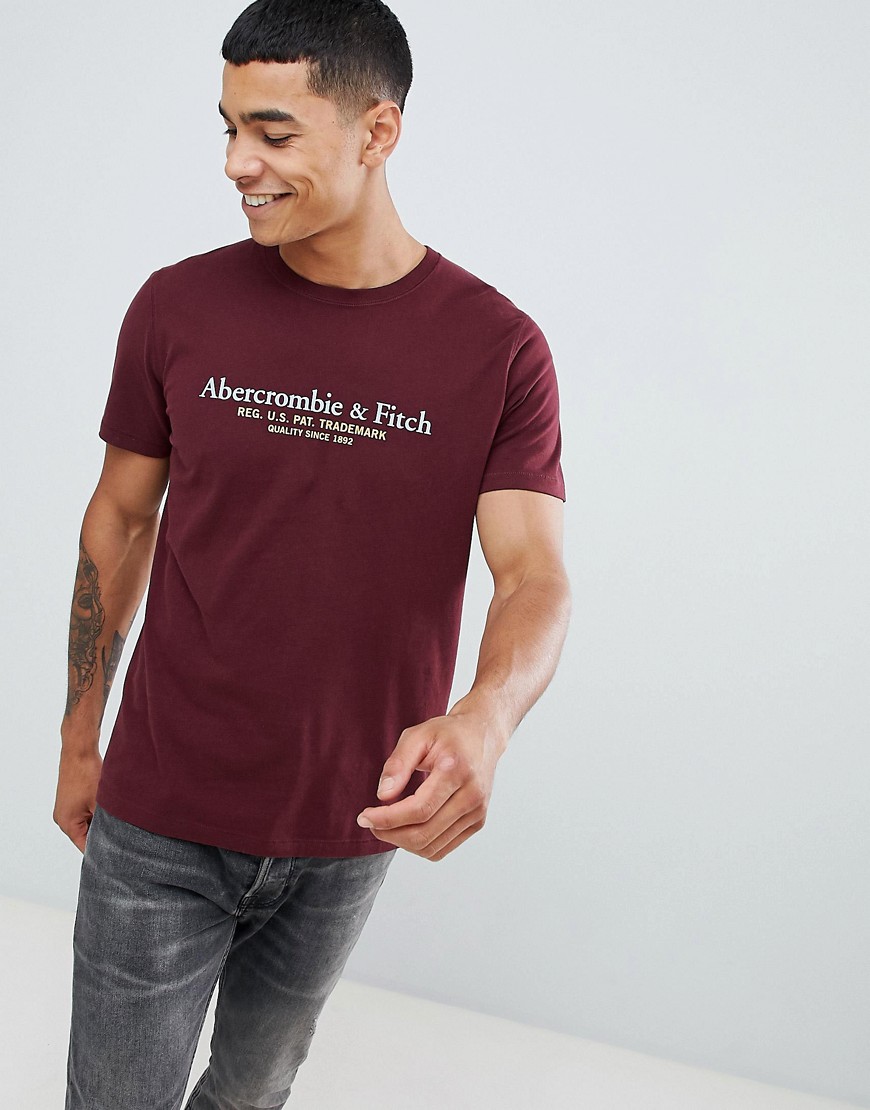 Abercrombie & Fitch varsity print logo t-shirt in burgundy