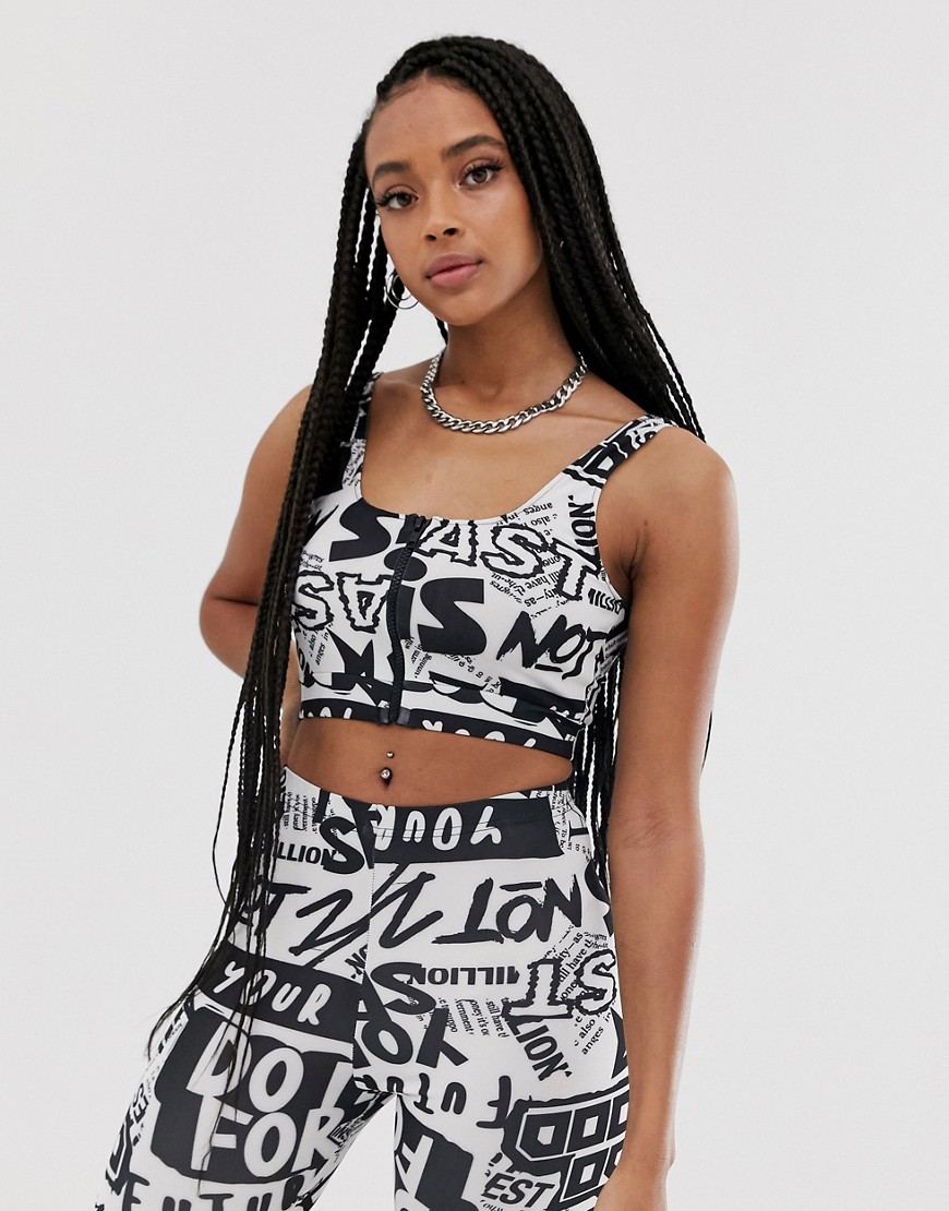 ASOS DESIGN co-ord bralet in newspaper graphic with zip