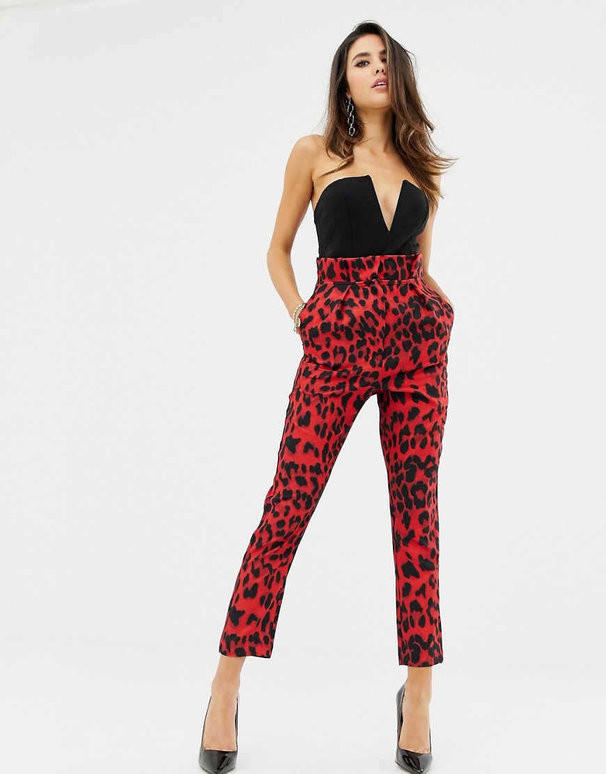 Lavish Alice paper bag waist trousers in red animal print - Red leopard
