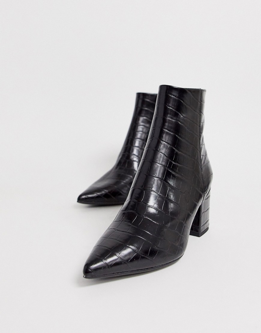 New Look pointed block heeled boots in black croc