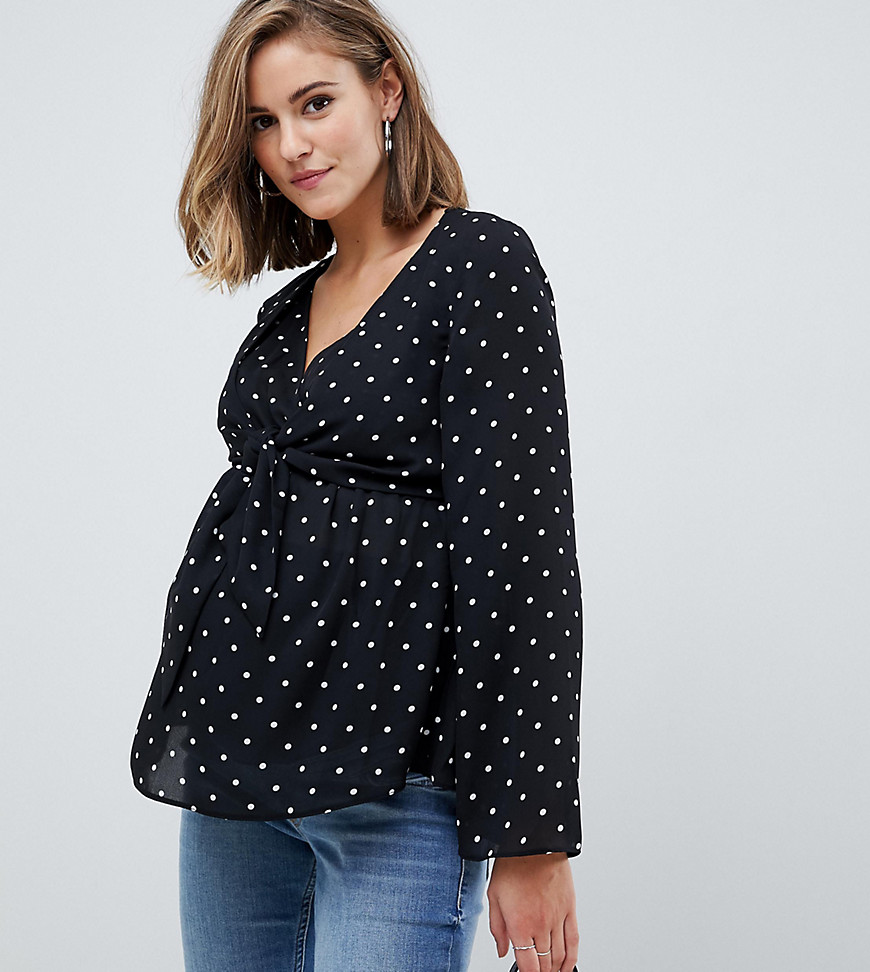 ASOS DESIGN Maternity nursing long sleeve top with tie front detail in spot print