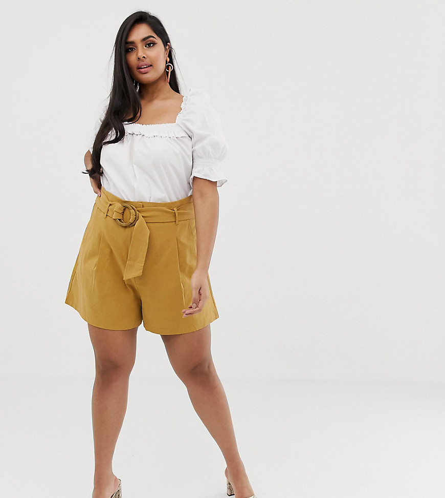 PrettyLittleThing Plus woven shorts with belt detail in camel