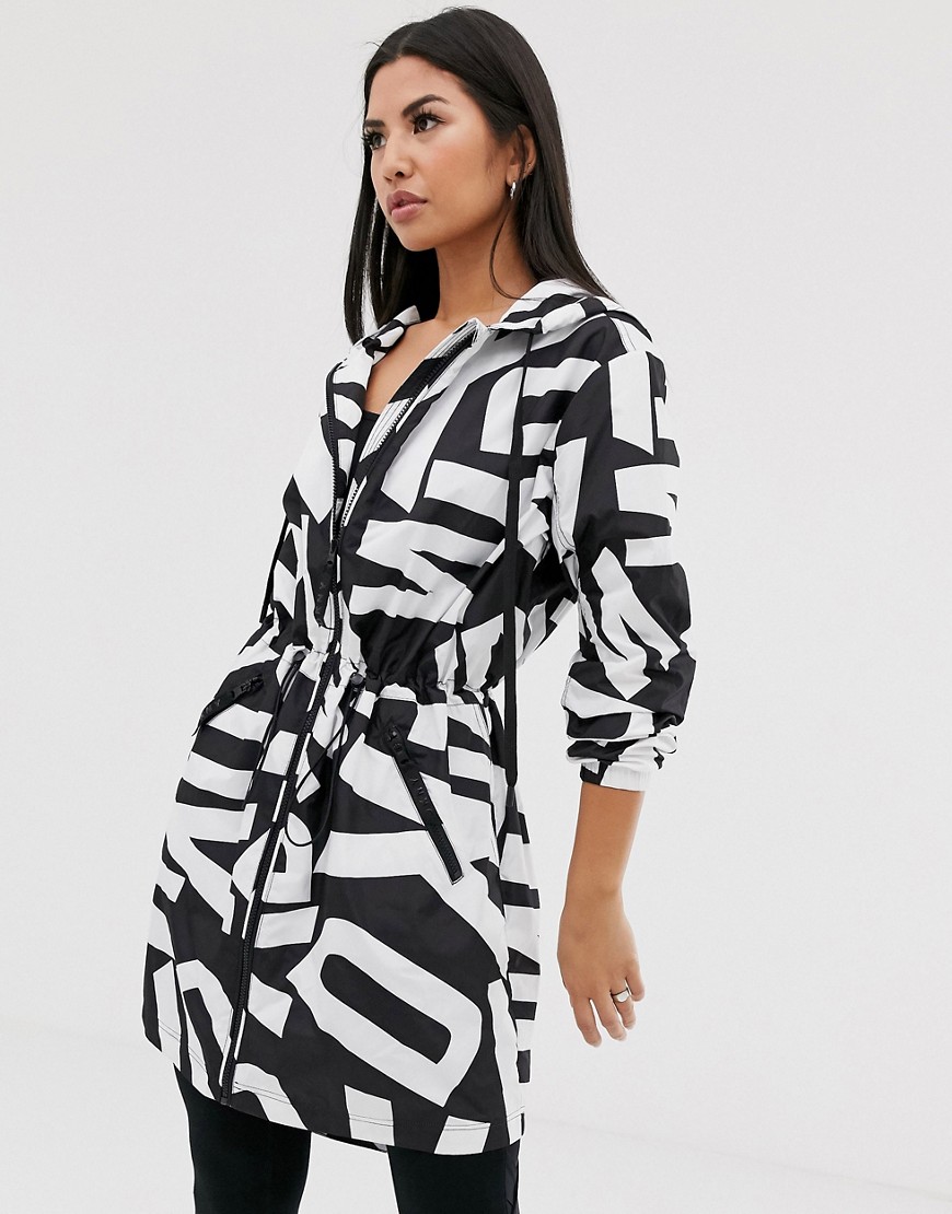 DKNY longline hooded parka with all over logo