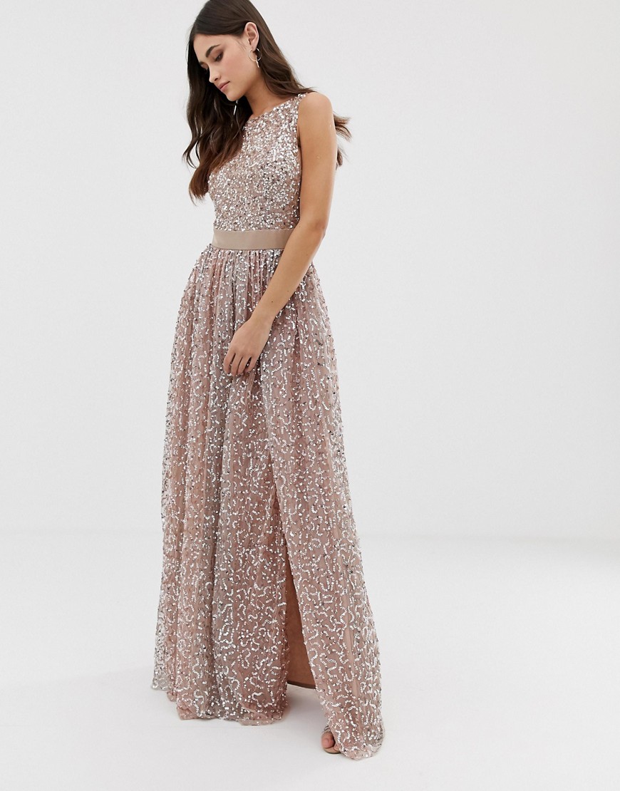 Maya allover contrast tonal delicate sequin dress with satin waist in taupe blush
