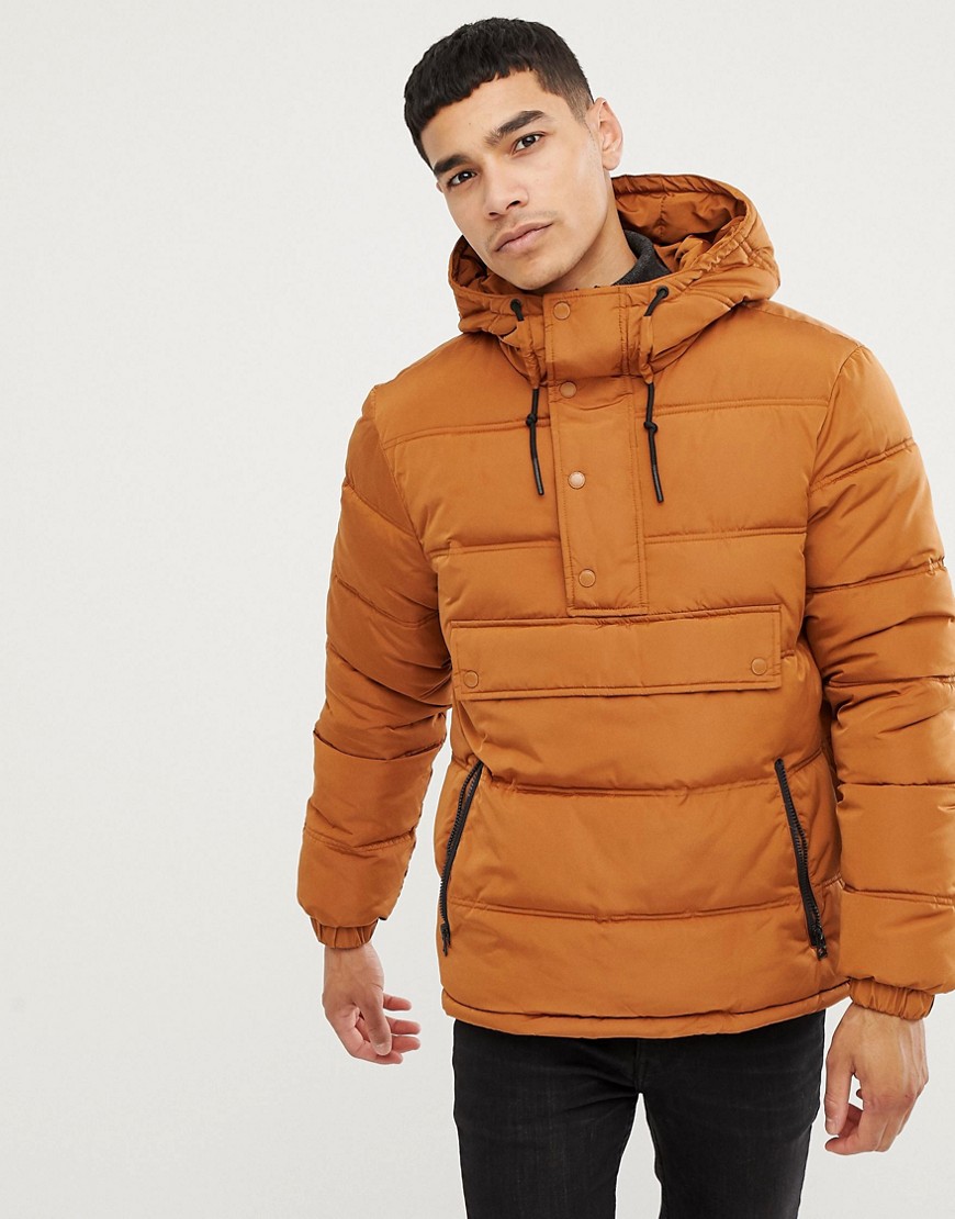 Esprit half zip overhead hooded puffer jacket - Tan