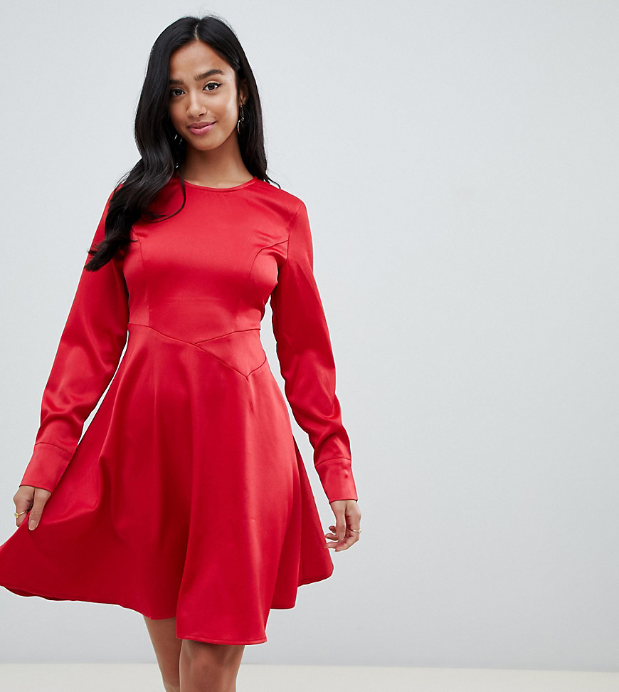 Y.A.S Petite satin mini skater dress with cuff detail in red