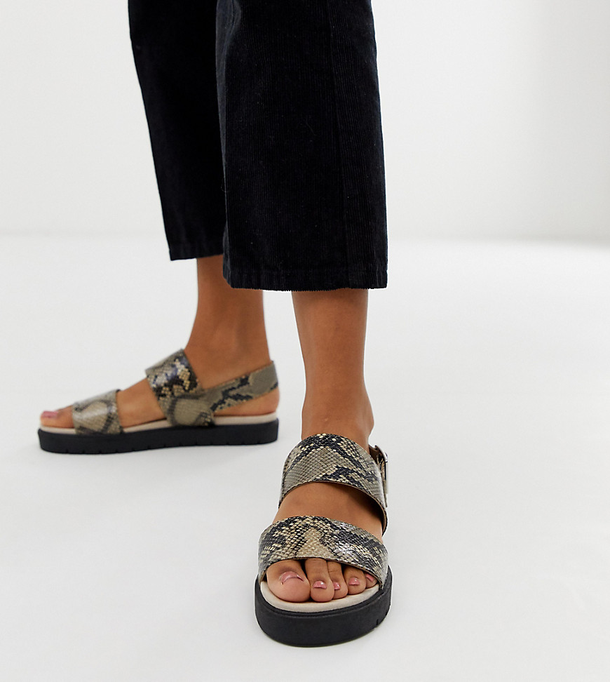 Monki exclusive double strap flat slingback sandals in brown snake