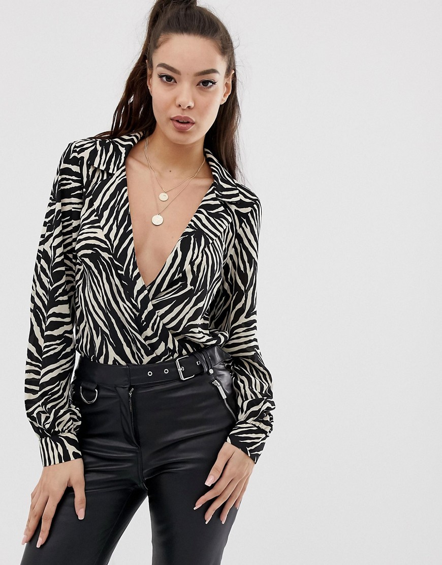 Asos Design Wrap Front Body In Zebra Animal Print With Long Sleeves-multi