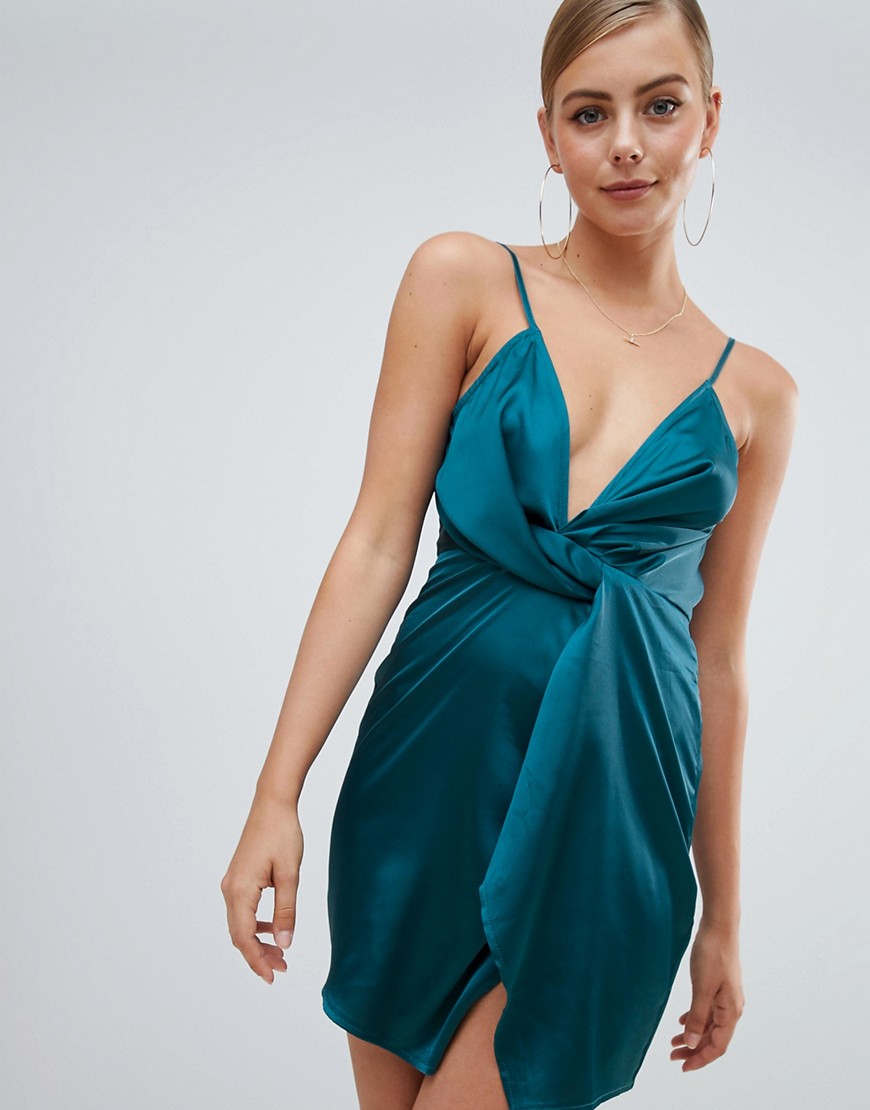 Missguided satin twist front shift dress in teal