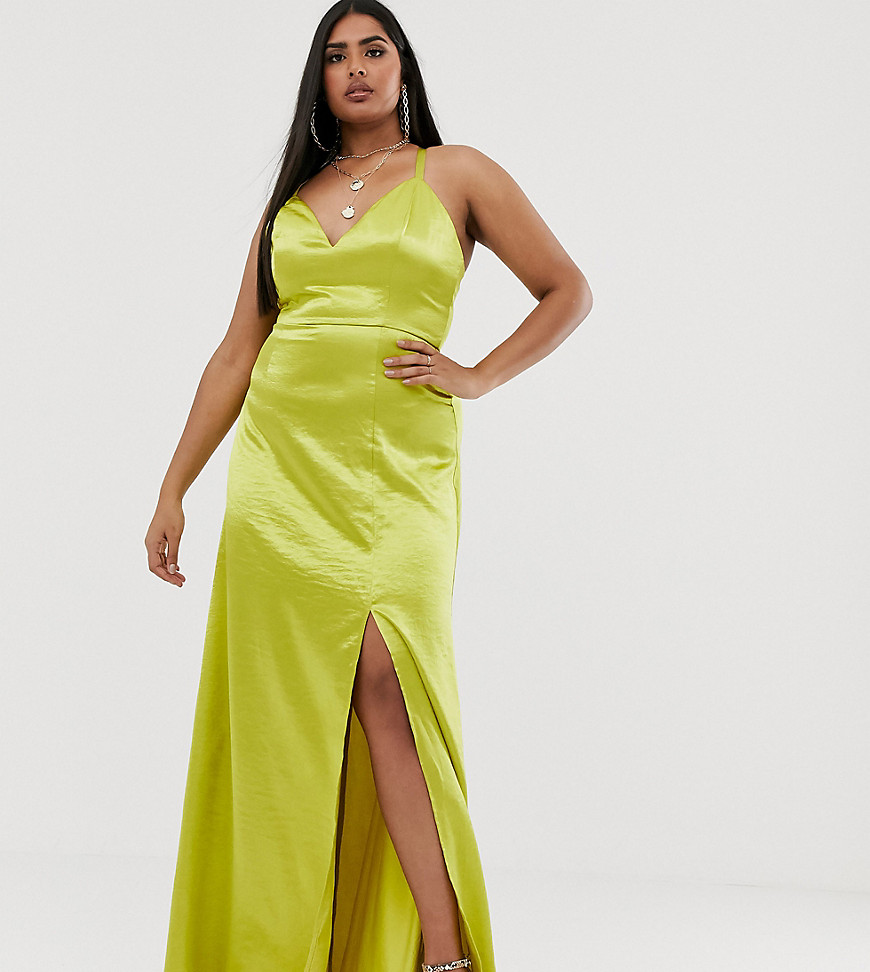 Club L London Plus satin plunge front maxi dress with high thigh split in lime