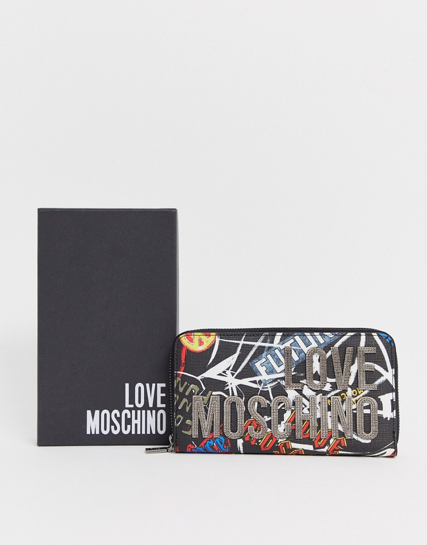 Love Moschino grafitti faux leather large zip purse
