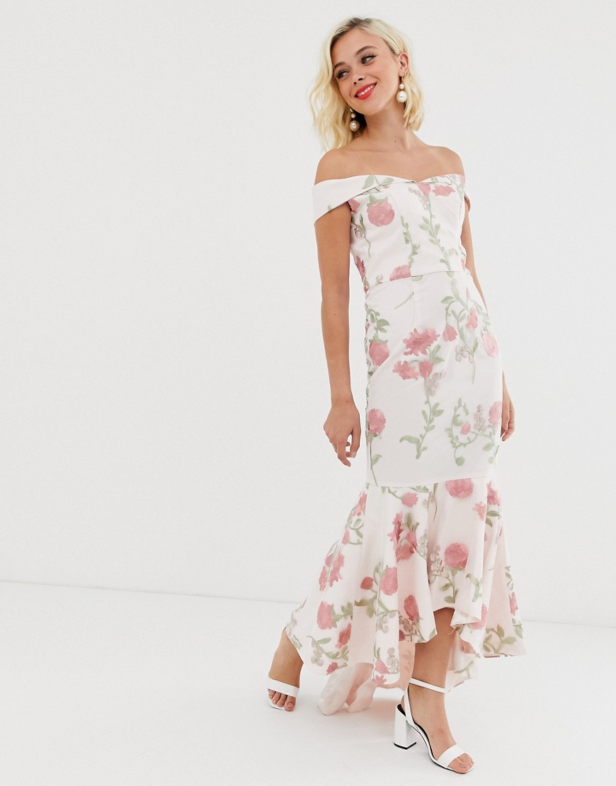 Chi Chi London bardot fishtail maxi dress in floral embroidery